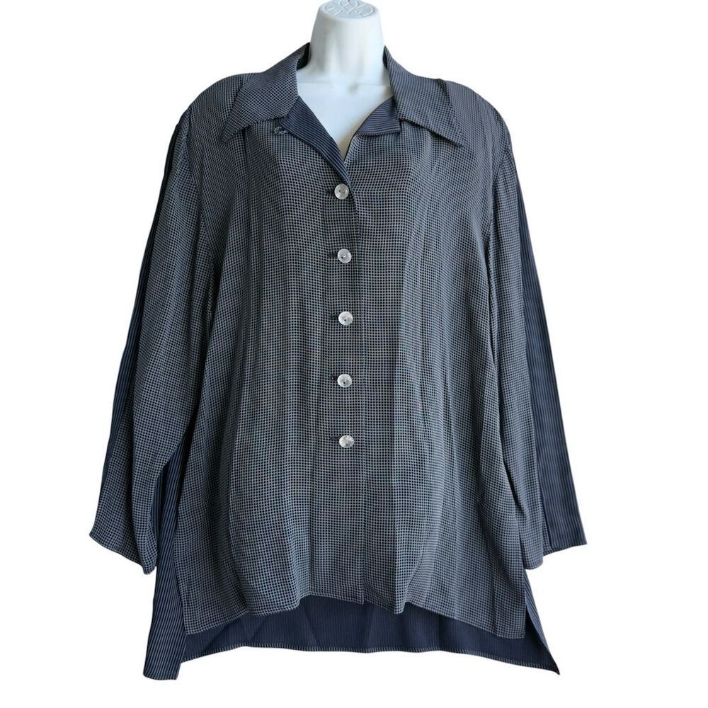 Vintage 80s CAROLINE ROSE Striped Top Women's XL Blue Button-Up Collared Blouse